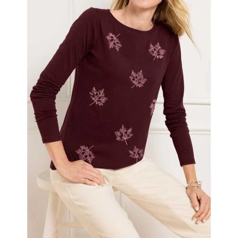 TALBOTS woman L burgundy embellished leaves Autumn crewneck tee